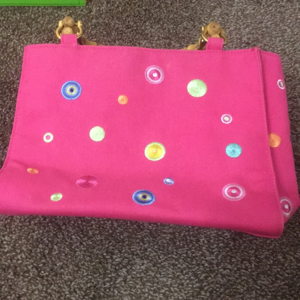 Tiannl Pink polka dot bag with bamboo handles
